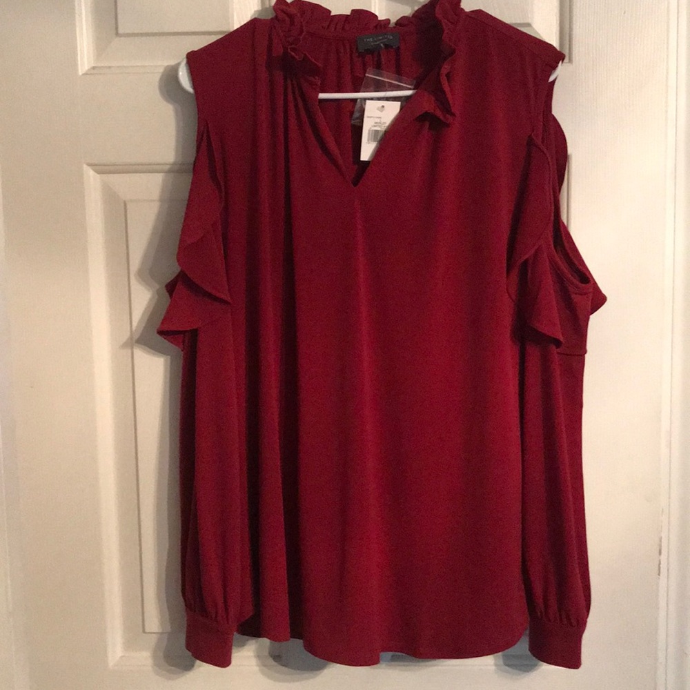 Merlot Cold shoulder blouse with ruffled neck